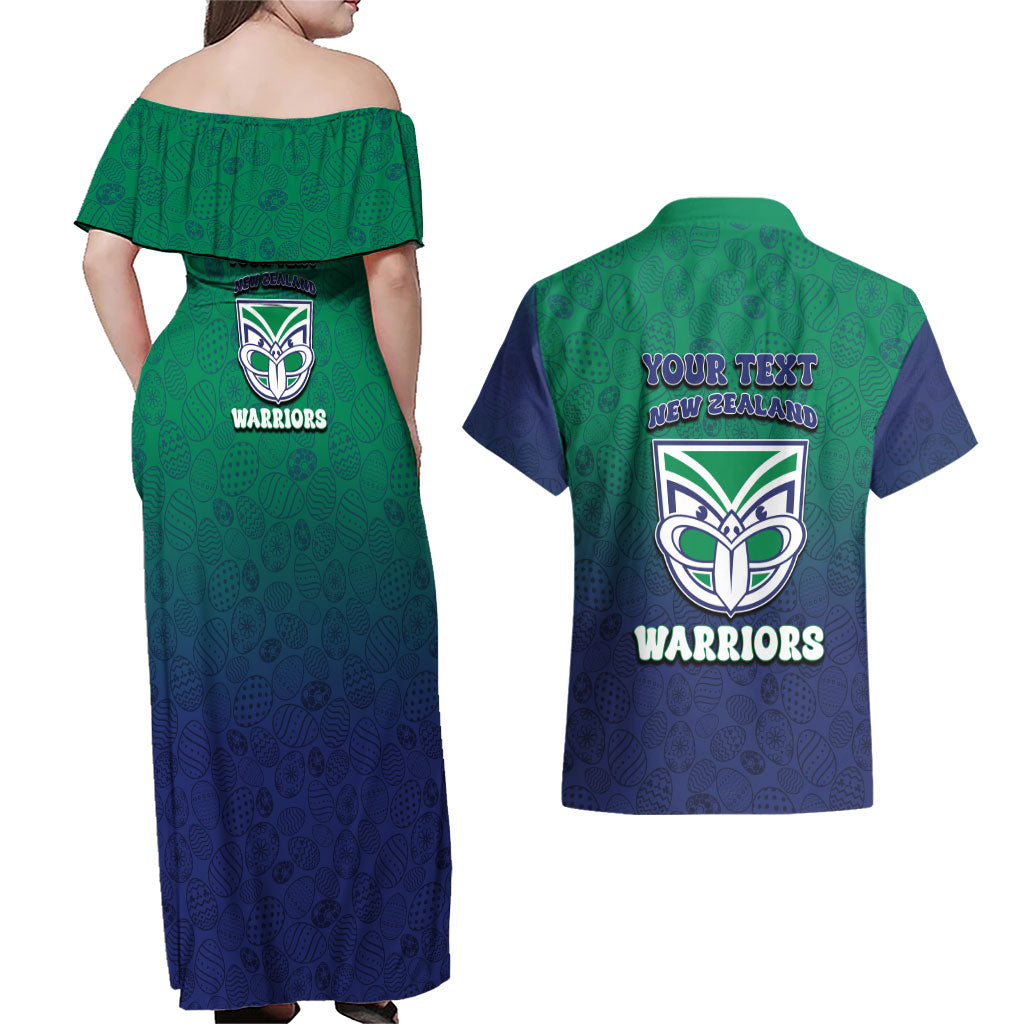Personalized New Zealand Warriors Couples Matching Off Shoulder Maxi Dress and Hawaiian Shirt Easter Mascot - Colorful Eggs Cartoon Style