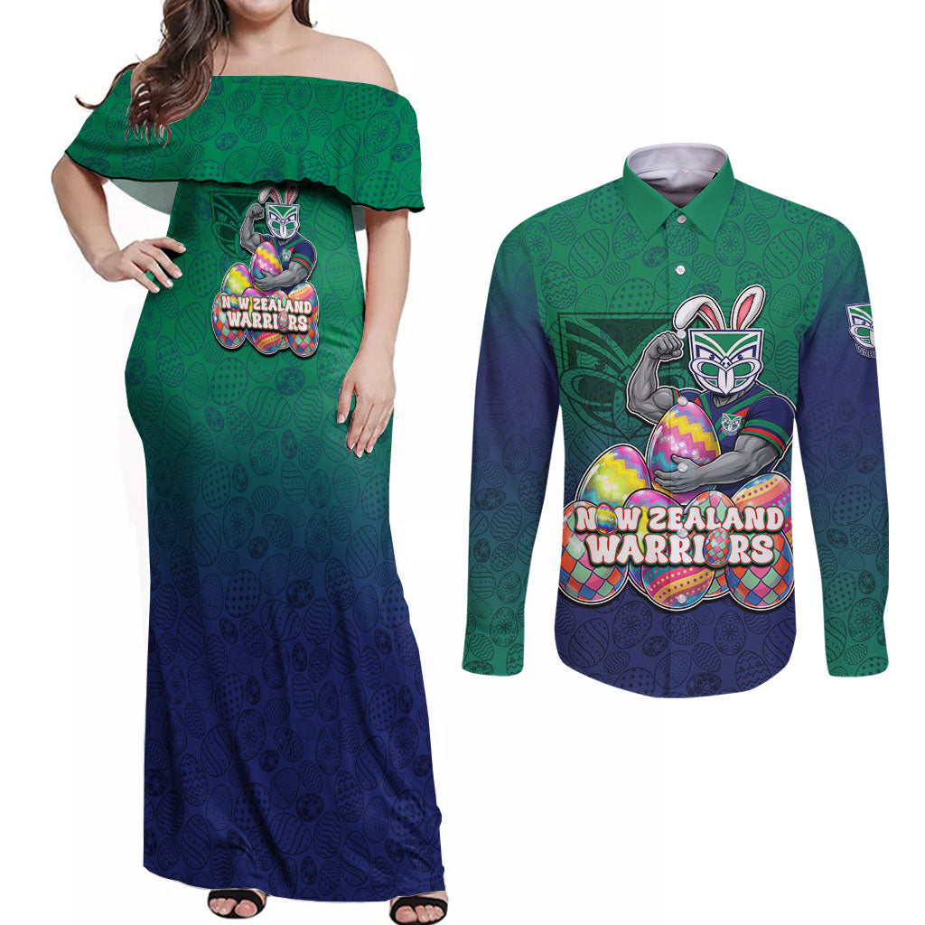 Personalized New Zealand Warriors Couples Matching Off Shoulder Maxi Dress and Long Sleeve Button Shirt Easter Mascot - Colorful Eggs Cartoon Style