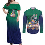Personalized New Zealand Warriors Couples Matching Off Shoulder Maxi Dress and Long Sleeve Button Shirt Easter Mascot - Colorful Eggs Cartoon Style