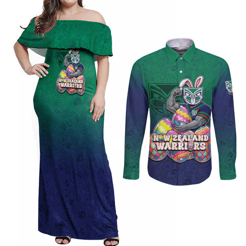 Personalized New Zealand Warriors Couples Matching Off Shoulder Maxi Dress and Long Sleeve Button Shirt Easter Mascot - Colorful Eggs Cartoon Style