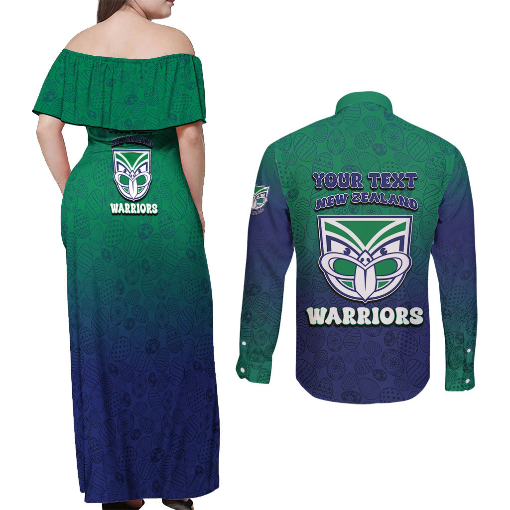 Personalized New Zealand Warriors Couples Matching Off Shoulder Maxi Dress and Long Sleeve Button Shirt Easter Mascot - Colorful Eggs Cartoon Style