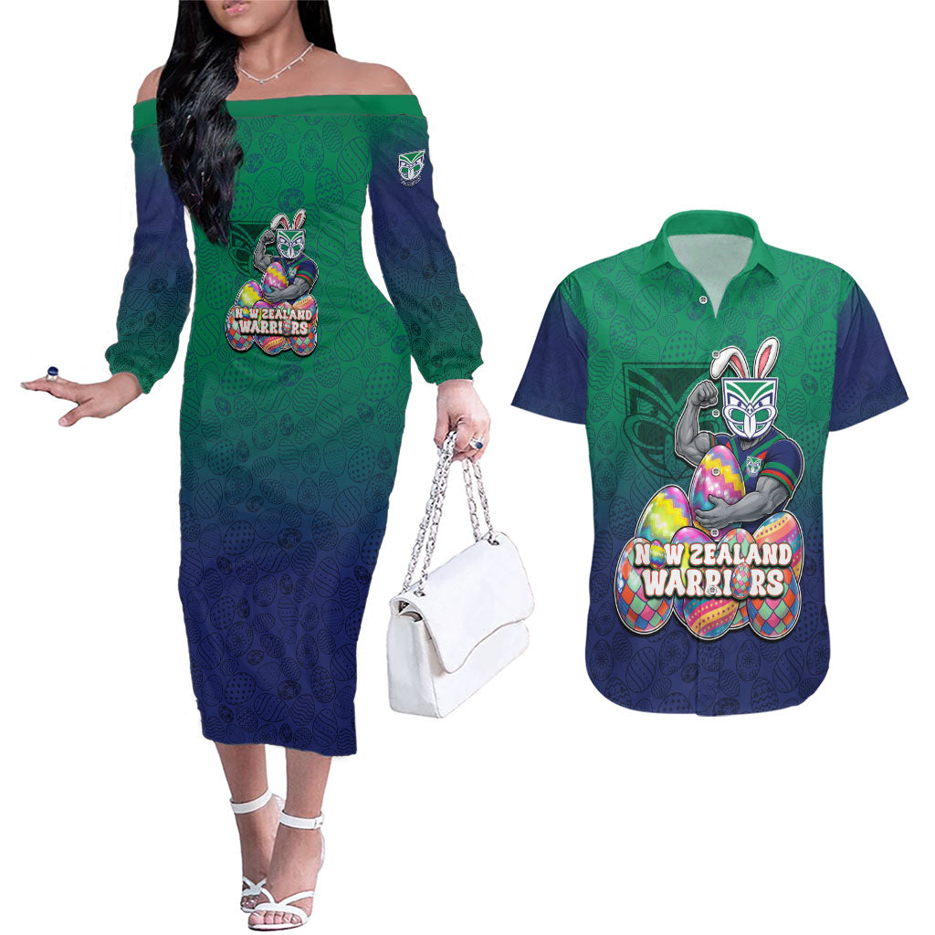 Personalized New Zealand Warriors Couples Matching Off The Shoulder Long Sleeve Dress and Hawaiian Shirt Easter Mascot - Colorful Eggs Cartoon Style
