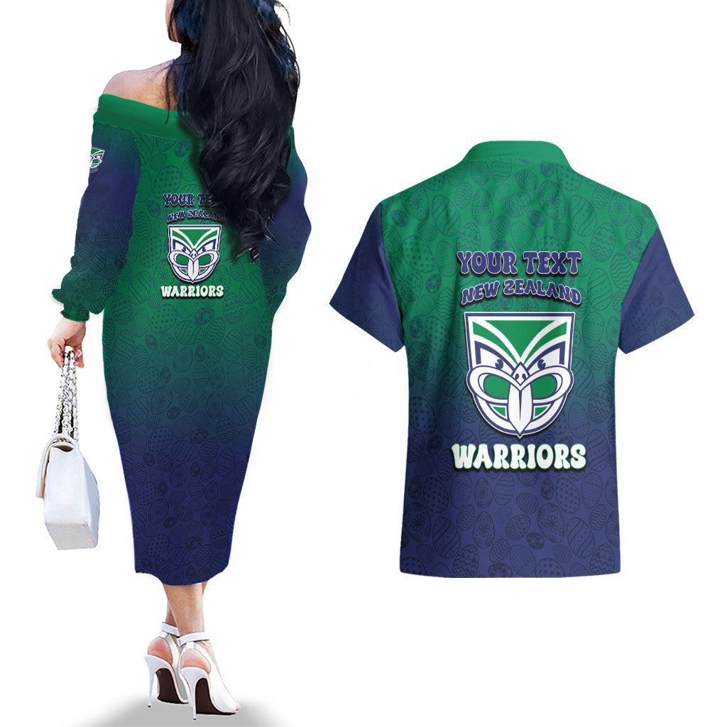 Personalized New Zealand Warriors Couples Matching Off The Shoulder Long Sleeve Dress and Hawaiian Shirt Easter Mascot - Colorful Eggs Cartoon Style