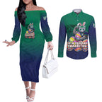 Personalized New Zealand Warriors Couples Matching Off The Shoulder Long Sleeve Dress and Long Sleeve Button Shirt Easter Mascot - Colorful Eggs Cartoon Style