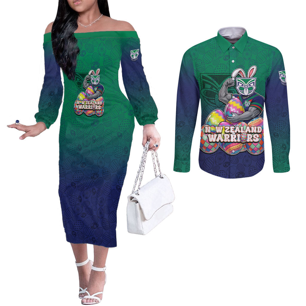 Personalized New Zealand Warriors Couples Matching Off The Shoulder Long Sleeve Dress and Long Sleeve Button Shirt Easter Mascot - Colorful Eggs Cartoon Style