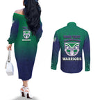 Personalized New Zealand Warriors Couples Matching Off The Shoulder Long Sleeve Dress and Long Sleeve Button Shirt Easter Mascot - Colorful Eggs Cartoon Style