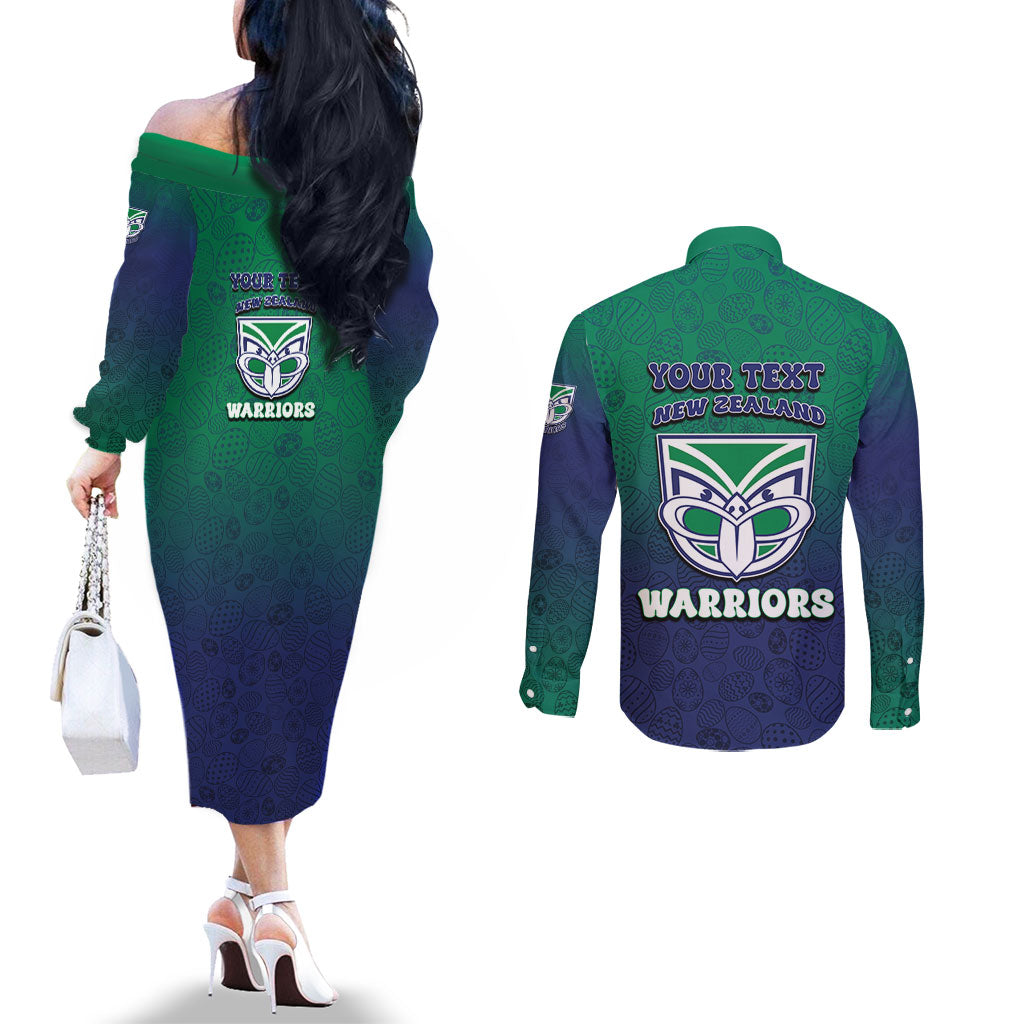 Personalized New Zealand Warriors Couples Matching Off The Shoulder Long Sleeve Dress and Long Sleeve Button Shirt Easter Mascot - Colorful Eggs Cartoon Style