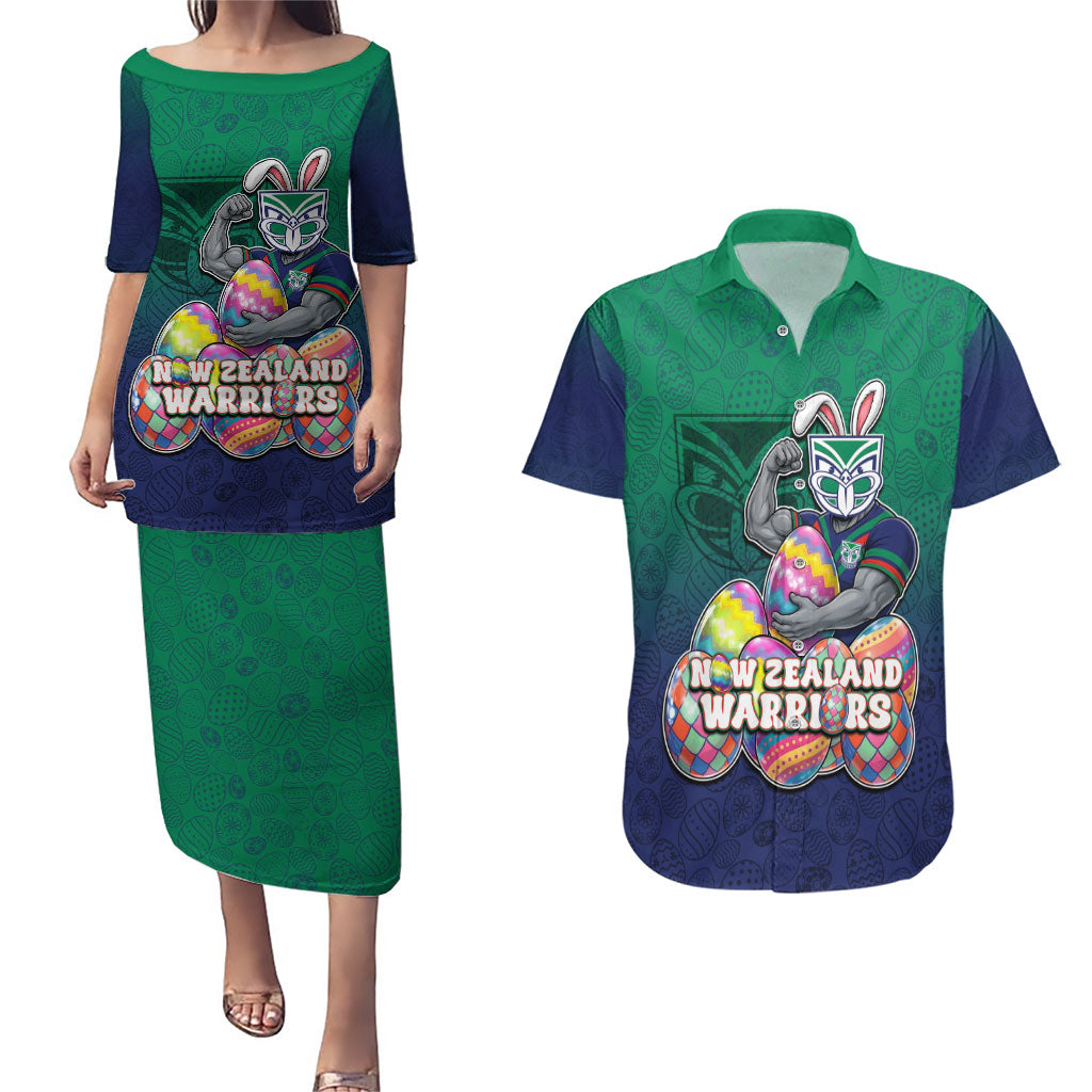 Personalized New Zealand Warriors Couples Matching Puletasi and Hawaiian Shirt Easter Mascot - Colorful Eggs Cartoon Style
