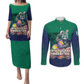 Personalized New Zealand Warriors Couples Matching Puletasi and Long Sleeve Button Shirt Easter Mascot - Colorful Eggs Cartoon Style