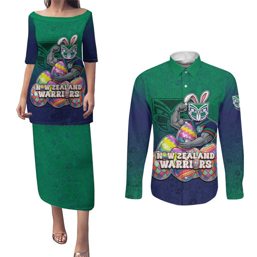Personalized New Zealand Warriors Couples Matching Puletasi and Long Sleeve Button Shirt Easter Mascot - Colorful Eggs Cartoon Style