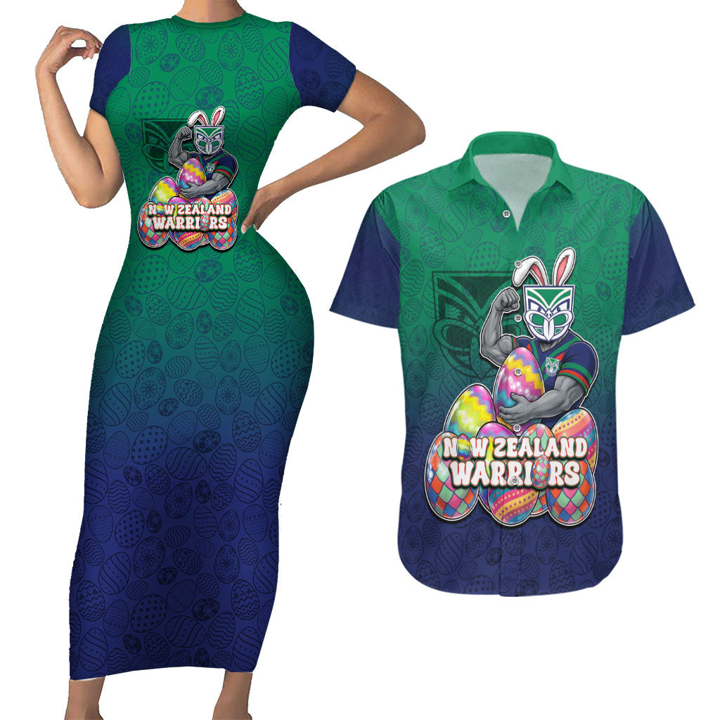 Personalized New Zealand Warriors Couples Matching Short Sleeve Bodycon Dress and Hawaiian Shirt Easter Mascot - Colorful Eggs Cartoon Style