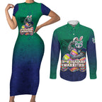 Personalized New Zealand Warriors Couples Matching Short Sleeve Bodycon Dress and Long Sleeve Button Shirt Easter Mascot - Colorful Eggs Cartoon Style