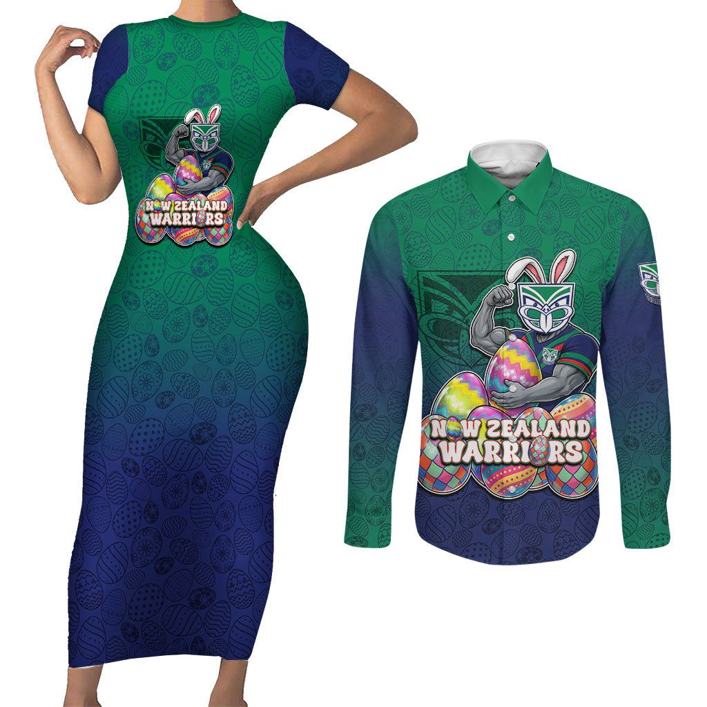 Personalized New Zealand Warriors Couples Matching Short Sleeve Bodycon Dress and Long Sleeve Button Shirt Easter Mascot - Colorful Eggs Cartoon Style
