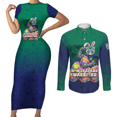 Personalized New Zealand Warriors Couples Matching Short Sleeve Bodycon Dress and Long Sleeve Button Shirt Easter Mascot - Colorful Eggs Cartoon Style