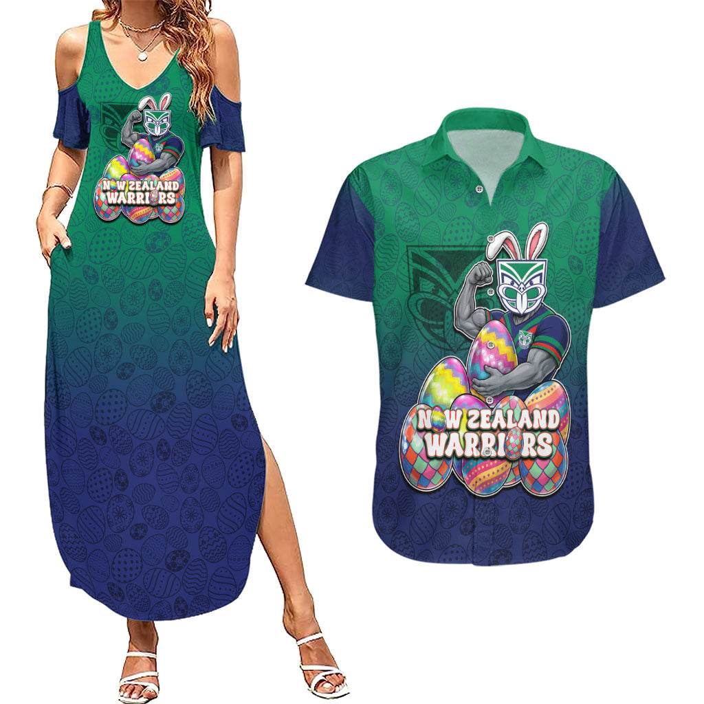 Personalized New Zealand Warriors Couples Matching Summer Maxi Dress and Hawaiian Shirt Easter Mascot - Colorful Eggs Cartoon Style