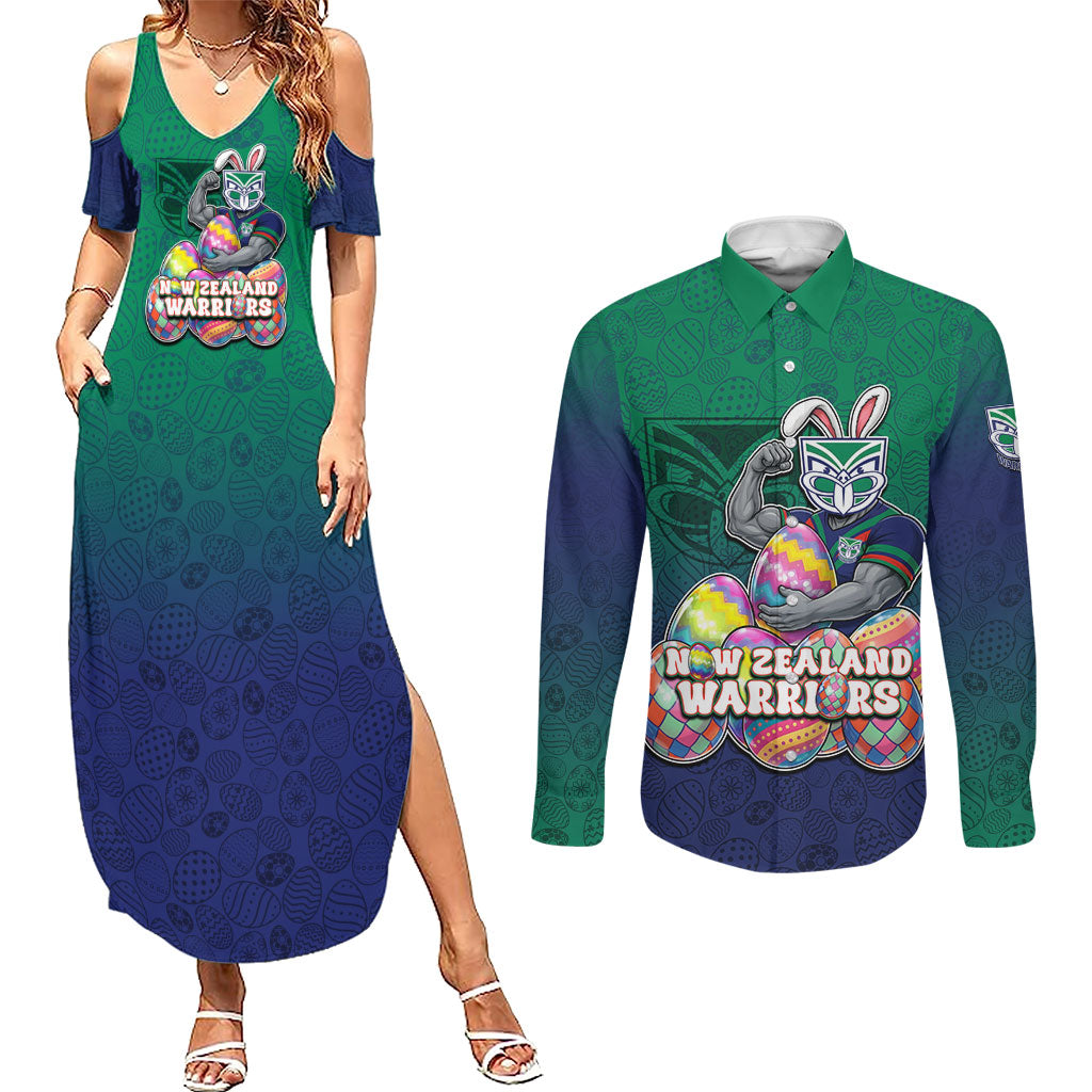 Personalized New Zealand Warriors Couples Matching Summer Maxi Dress and Long Sleeve Button Shirt Easter Mascot - Colorful Eggs Cartoon Style
