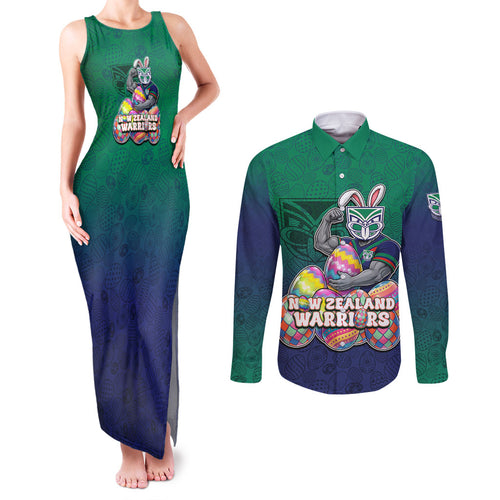 Personalized New Zealand Warriors Couples Matching Tank Maxi Dress and Long Sleeve Button Shirt Easter Mascot - Colorful Eggs Cartoon Style