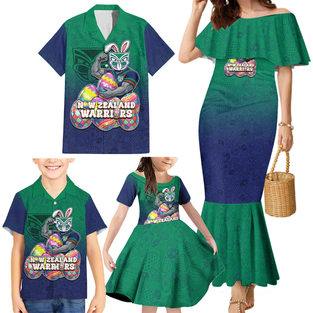 Personalized New Zealand Warriors Family Matching Mermaid Dress and Hawaiian Shirt Easter Mascot - Colorful Eggs Cartoon Style