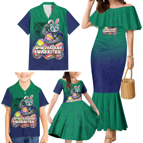 Personalized New Zealand Warriors Family Matching Mermaid Dress and Hawaiian Shirt Easter Mascot - Colorful Eggs Cartoon Style