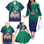Personalized New Zealand Warriors Family Matching Off The Shoulder Long Sleeve Dress and Hawaiian Shirt Easter Mascot - Colorful Eggs Cartoon Style