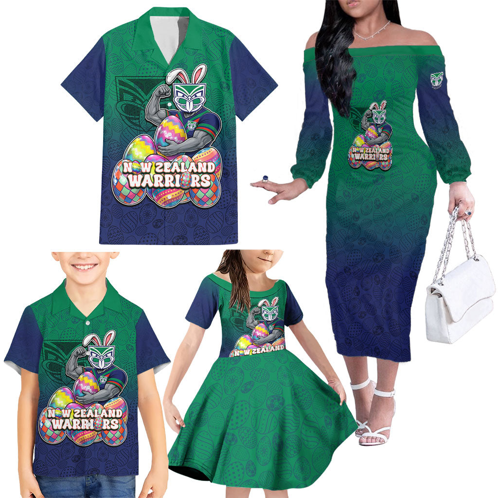 Personalized New Zealand Warriors Family Matching Off The Shoulder Long Sleeve Dress and Hawaiian Shirt Easter Mascot - Colorful Eggs Cartoon Style