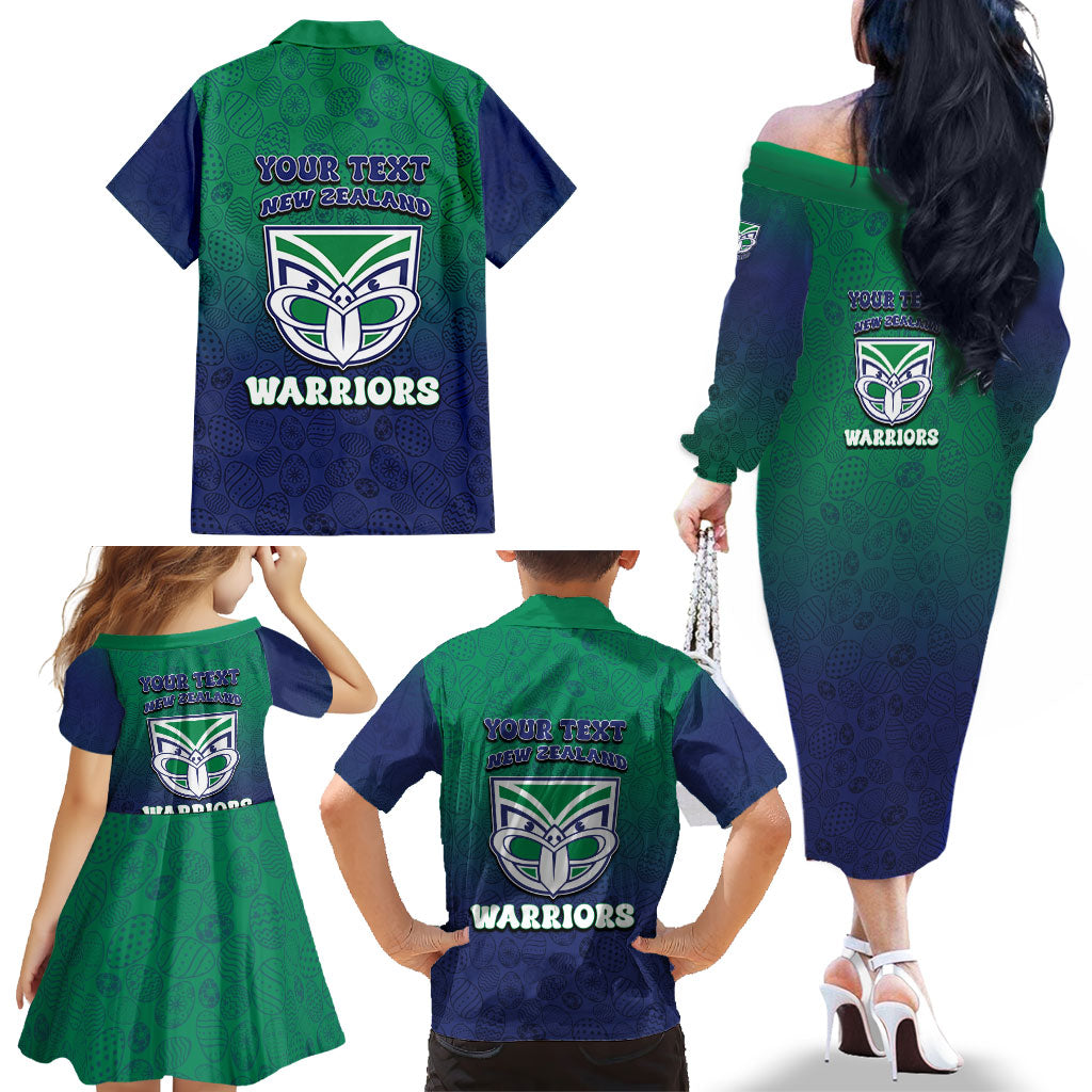 Personalized New Zealand Warriors Family Matching Off The Shoulder Long Sleeve Dress and Hawaiian Shirt Easter Mascot - Colorful Eggs Cartoon Style