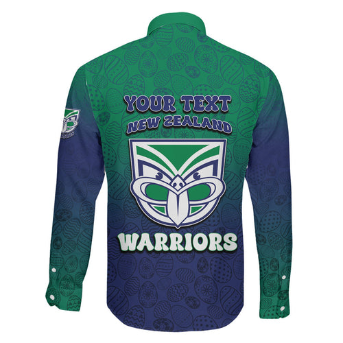 Personalized New Zealand Warriors Family Matching Off The Shoulder Long Sleeve Dress and Hawaiian Shirt Easter Mascot - Colorful Eggs Cartoon Style