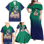 Personalized New Zealand Warriors Family Matching Off Shoulder Maxi Dress and Hawaiian Shirt Easter Mascot - Colorful Eggs Cartoon Style