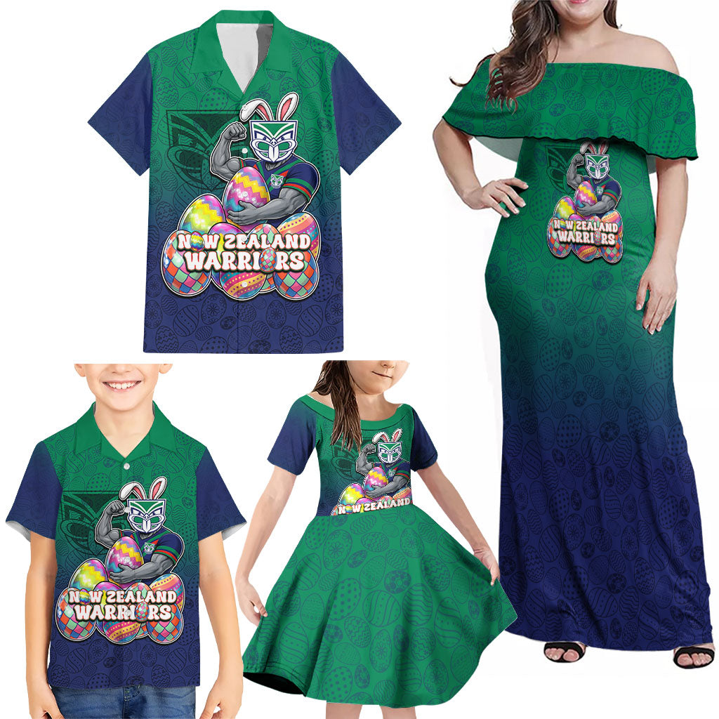 Personalized New Zealand Warriors Family Matching Off Shoulder Maxi Dress and Hawaiian Shirt Easter Mascot - Colorful Eggs Cartoon Style