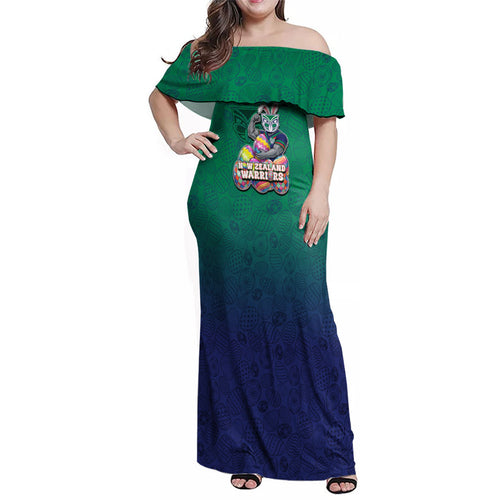 Personalized New Zealand Warriors Family Matching Off Shoulder Maxi Dress and Hawaiian Shirt Easter Mascot - Colorful Eggs Cartoon Style