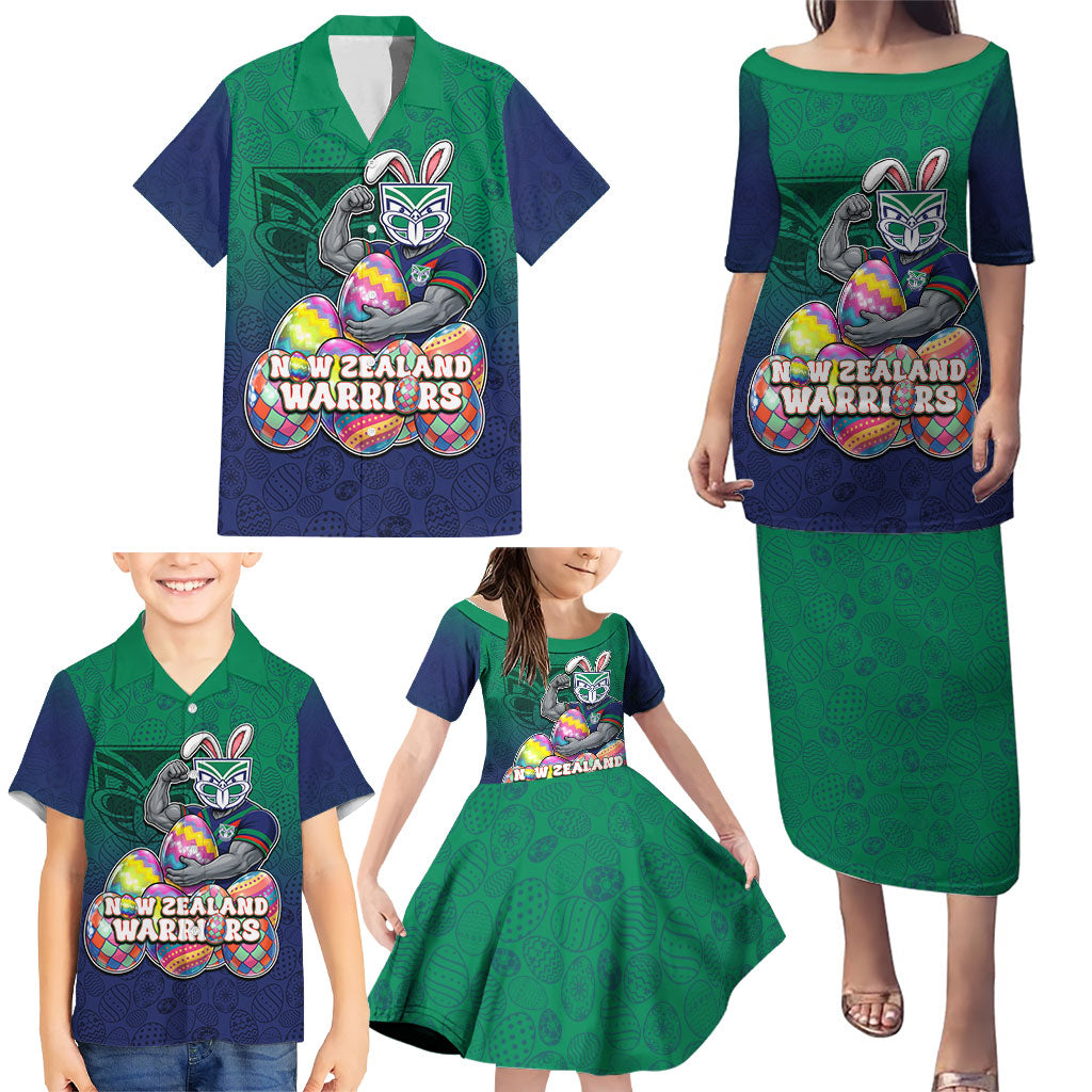 Personalized New Zealand Warriors Family Matching Puletasi and Hawaiian Shirt Easter Mascot - Colorful Eggs Cartoon Style