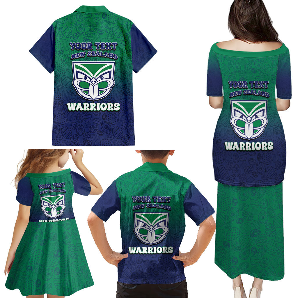 Personalized New Zealand Warriors Family Matching Puletasi and Hawaiian Shirt Easter Mascot - Colorful Eggs Cartoon Style