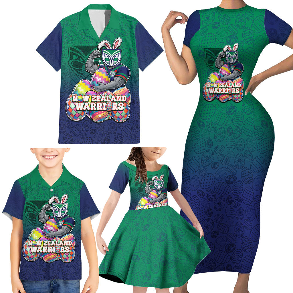 Personalized New Zealand Warriors Family Matching Short Sleeve Bodycon Dress and Hawaiian Shirt Easter Mascot - Colorful Eggs Cartoon Style