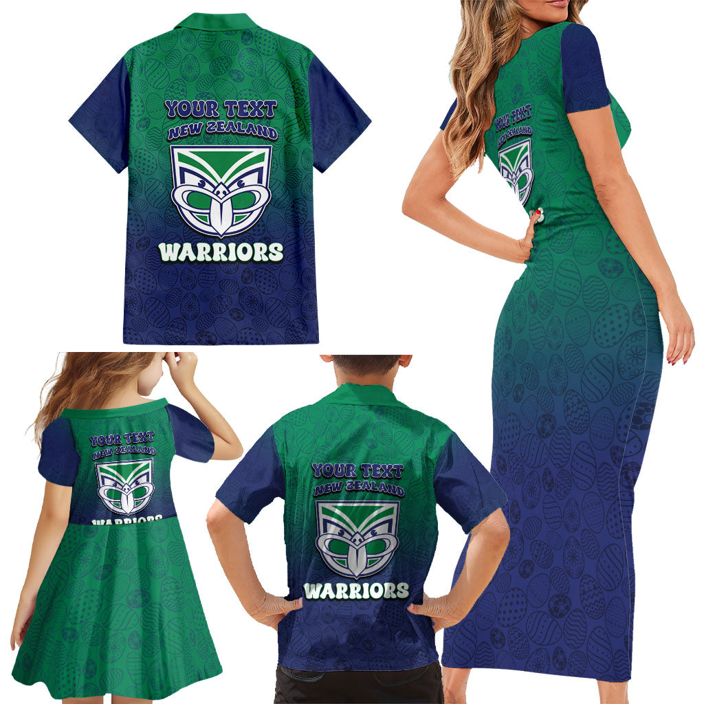 Personalized New Zealand Warriors Family Matching Short Sleeve Bodycon Dress and Hawaiian Shirt Easter Mascot - Colorful Eggs Cartoon Style
