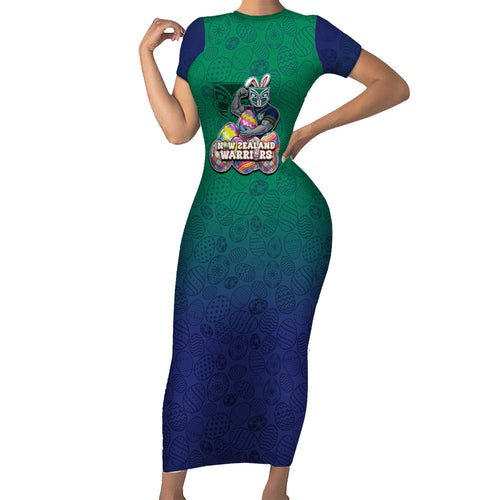 Personalized New Zealand Warriors Family Matching Short Sleeve Bodycon Dress and Hawaiian Shirt Easter Mascot - Colorful Eggs Cartoon Style