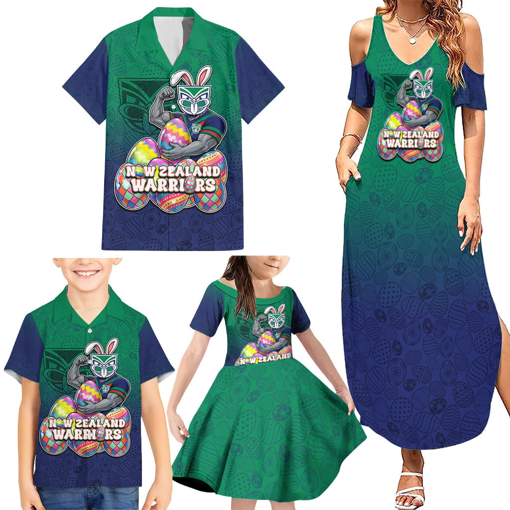 Personalized New Zealand Warriors Family Matching Summer Maxi Dress and Hawaiian Shirt Easter Mascot - Colorful Eggs Cartoon Style
