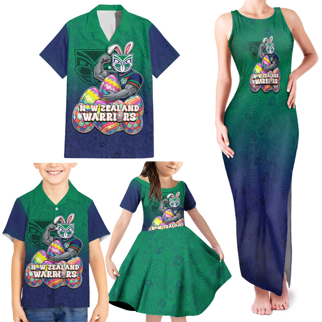 Personalized New Zealand Warriors Family Matching Tank Maxi Dress and Hawaiian Shirt Easter Mascot - Colorful Eggs Cartoon Style