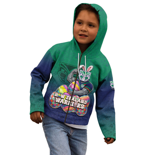Personalized New Zealand Warriors Kid Hoodie Easter Mascot - Colorful Eggs Cartoon Style
