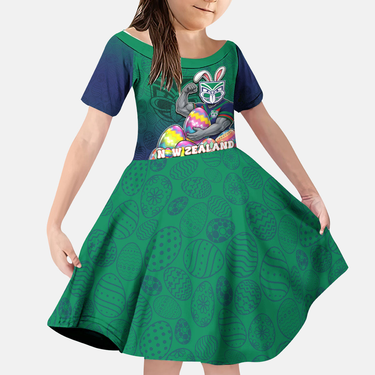 Personalized New Zealand Warriors Kid Short Sleeve Dress Easter Mascot - Colorful Eggs Cartoon Style