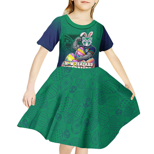 Personalized New Zealand Warriors Kid Short Sleeve Dress Easter Mascot - Colorful Eggs Cartoon Style