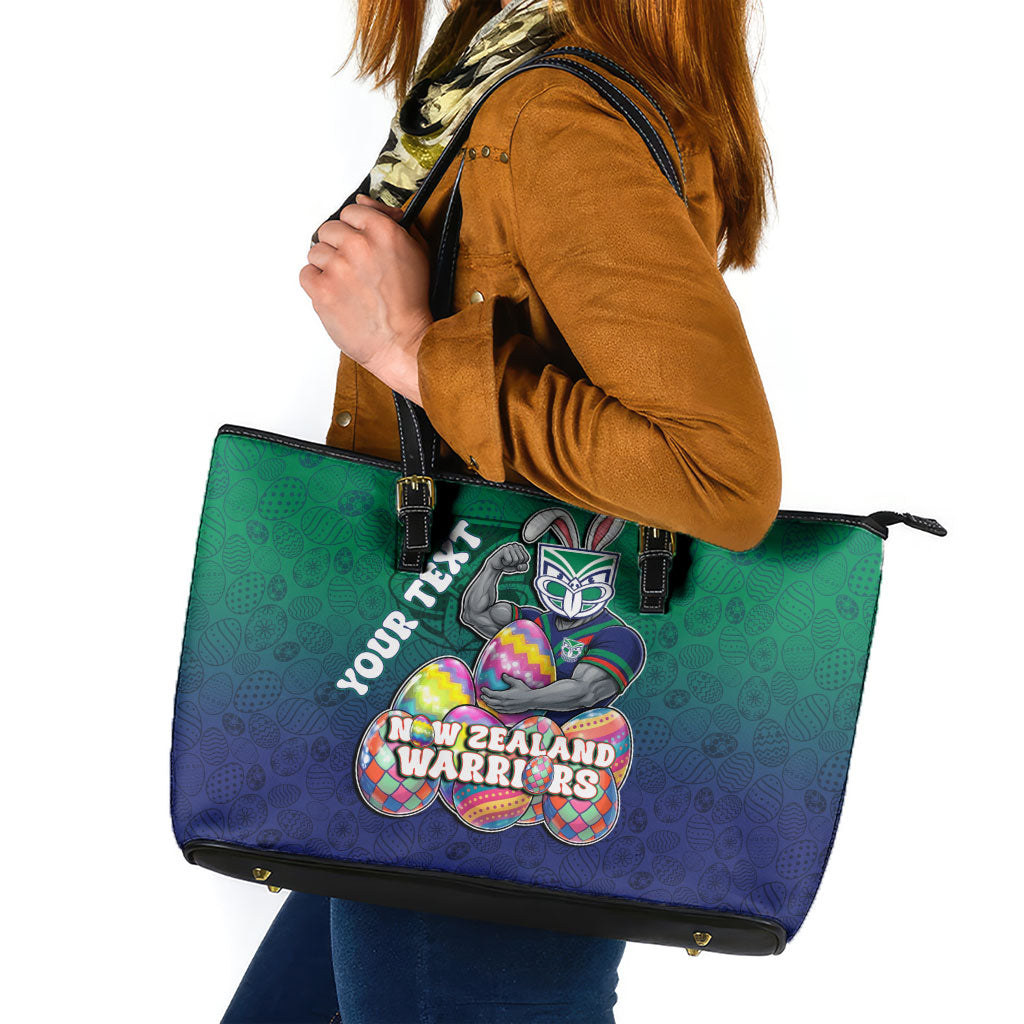 Personalized New Zealand Warriors Leather Tote Bag Easter Mascot - Colorful Eggs Cartoon Style