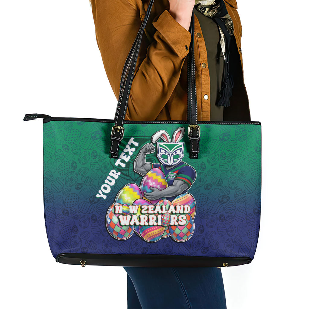 Personalized New Zealand Warriors Leather Tote Bag Easter Mascot - Colorful Eggs Cartoon Style