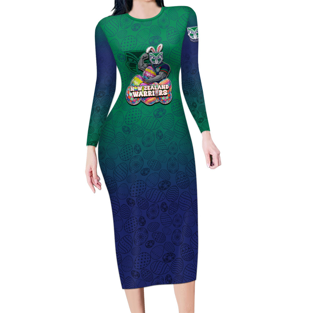 Personalized New Zealand Warriors Long Sleeve Bodycon Dress Easter Mascot - Colorful Eggs Cartoon Style