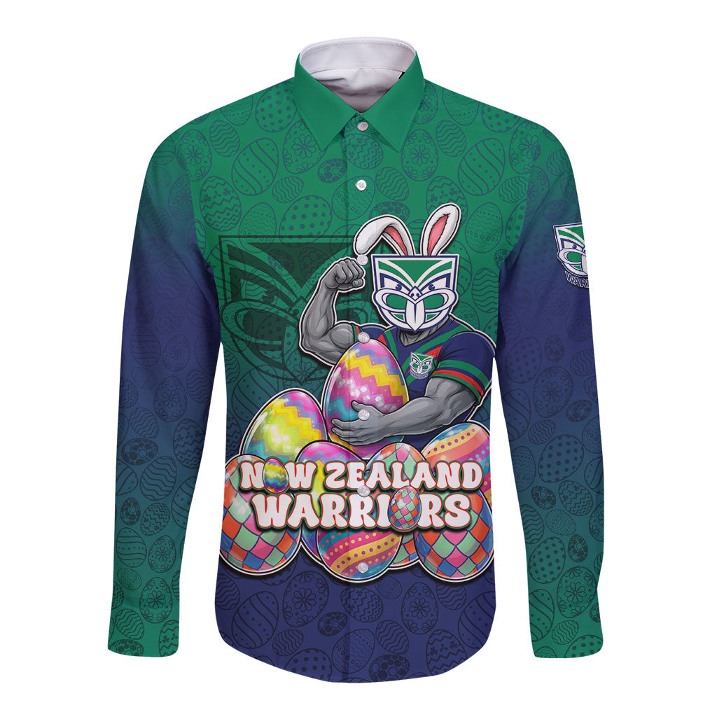 Personalized New Zealand Warriors Long Sleeve Button Shirt Easter Mascot - Colorful Eggs Cartoon Style