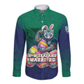 Personalized New Zealand Warriors Long Sleeve Button Shirt Easter Mascot - Colorful Eggs Cartoon Style