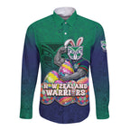 Personalized New Zealand Warriors Long Sleeve Button Shirt Easter Mascot - Colorful Eggs Cartoon Style
