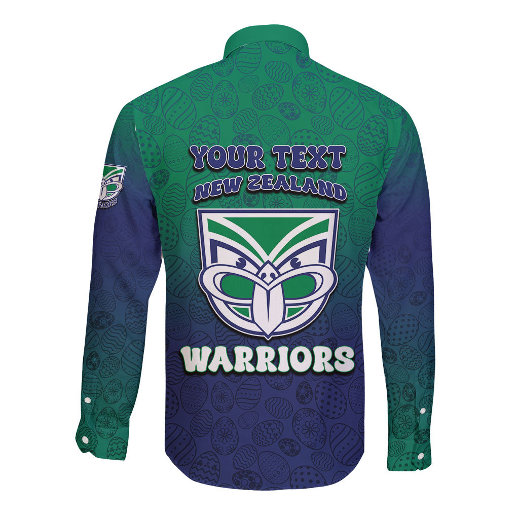 Personalized New Zealand Warriors Long Sleeve Button Shirt Easter Mascot - Colorful Eggs Cartoon Style