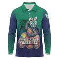 Personalized New Zealand Warriors Long Sleeve Polo Shirt Easter Mascot - Colorful Eggs Cartoon Style