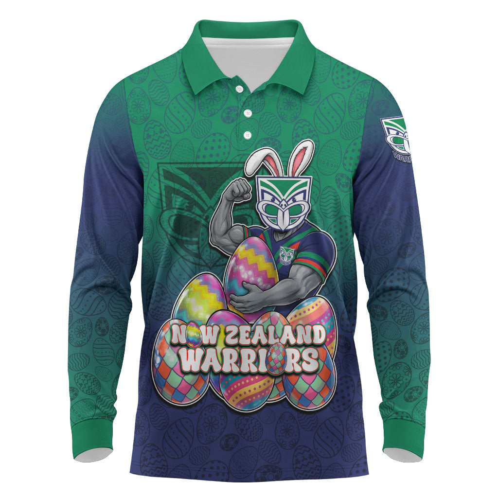 Personalized New Zealand Warriors Long Sleeve Polo Shirt Easter Mascot - Colorful Eggs Cartoon Style