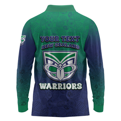 Personalized New Zealand Warriors Long Sleeve Polo Shirt Easter Mascot - Colorful Eggs Cartoon Style